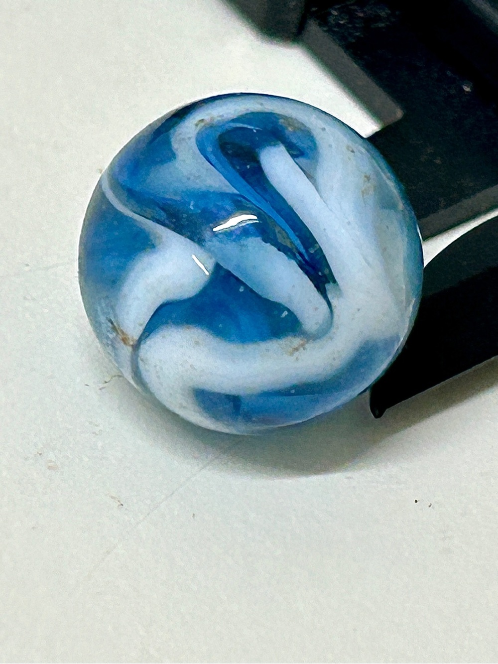 Antique Akro Agate Peltier Christensen White on Blue Swirl Marble